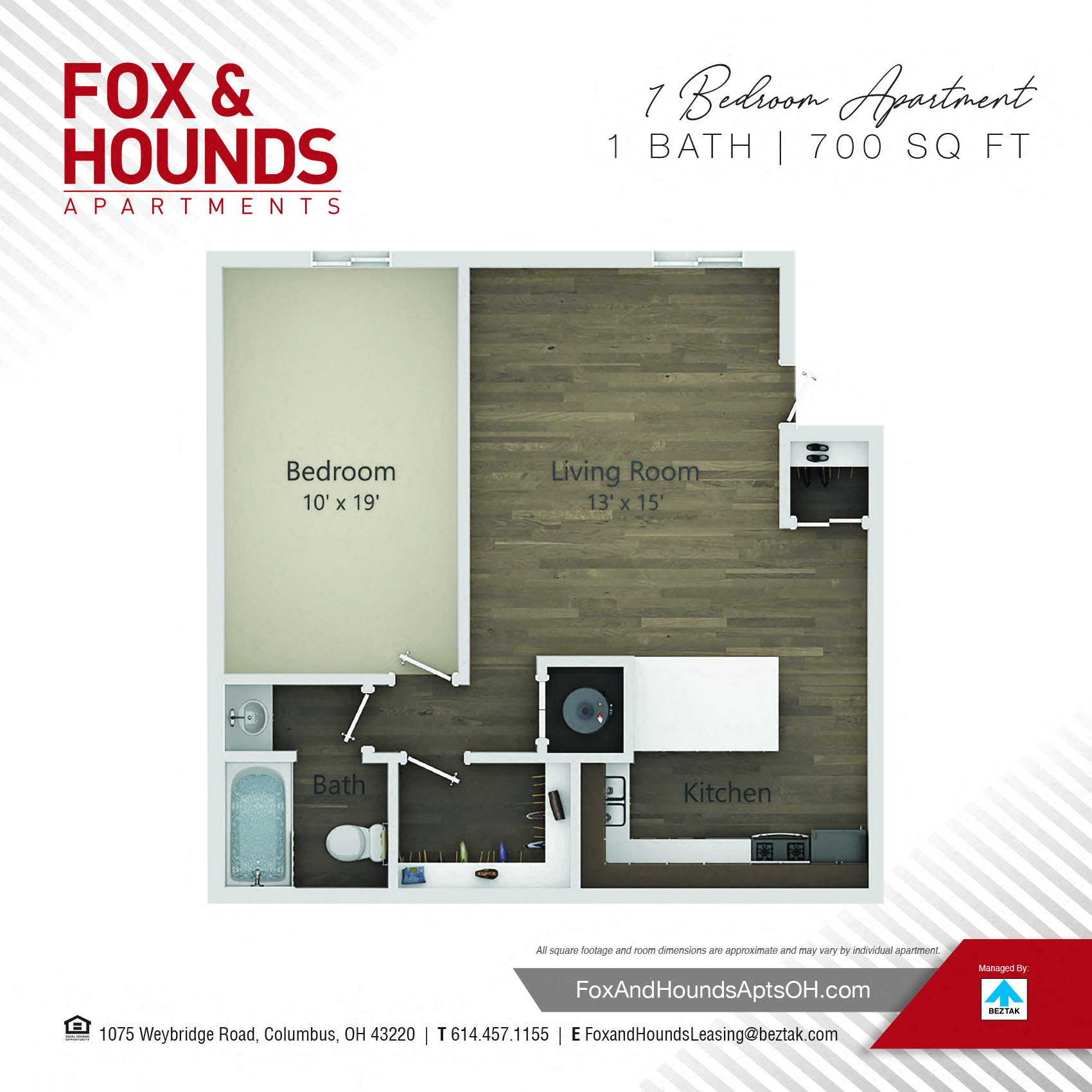 Floor plan for 1 bed, 1 bath, 700 sqft